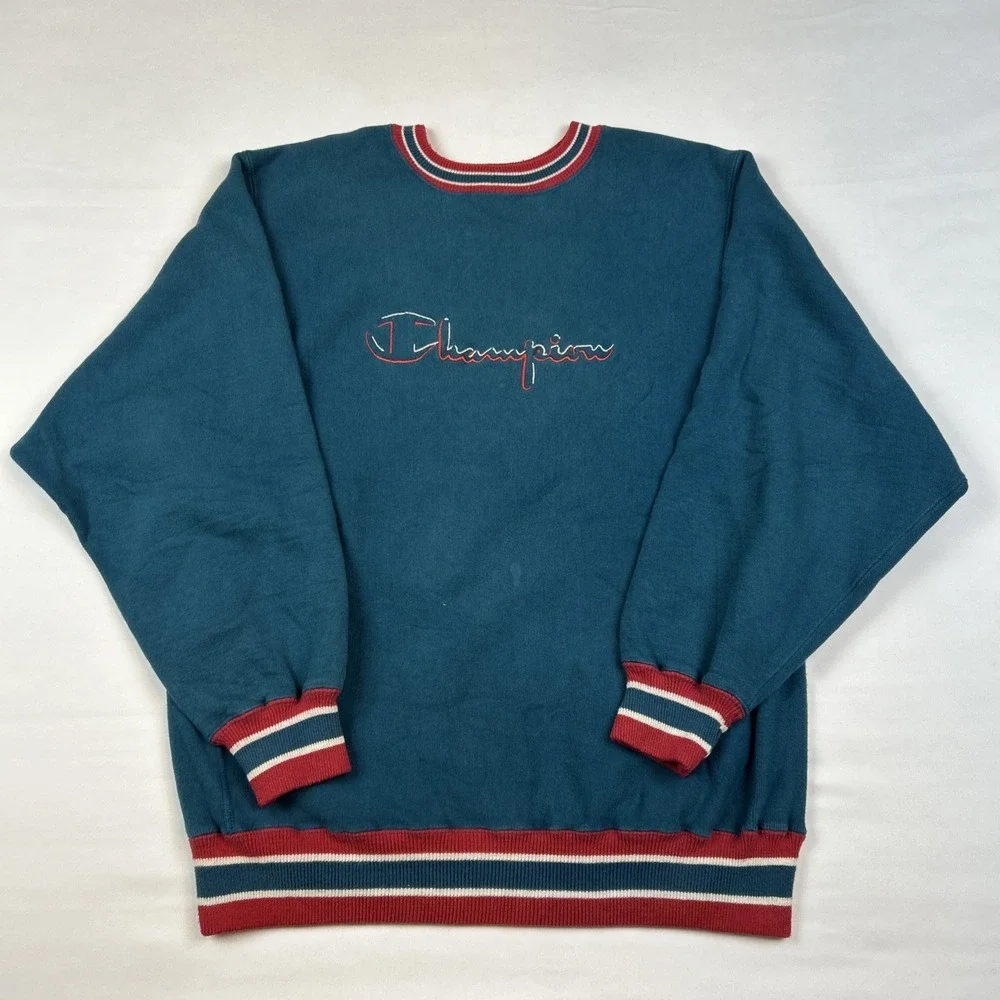 Vintage 80s Champion Reverse Weave Sweatshirt Sz XL Crewneck Teal Made In USA - Picture 2 of 8
